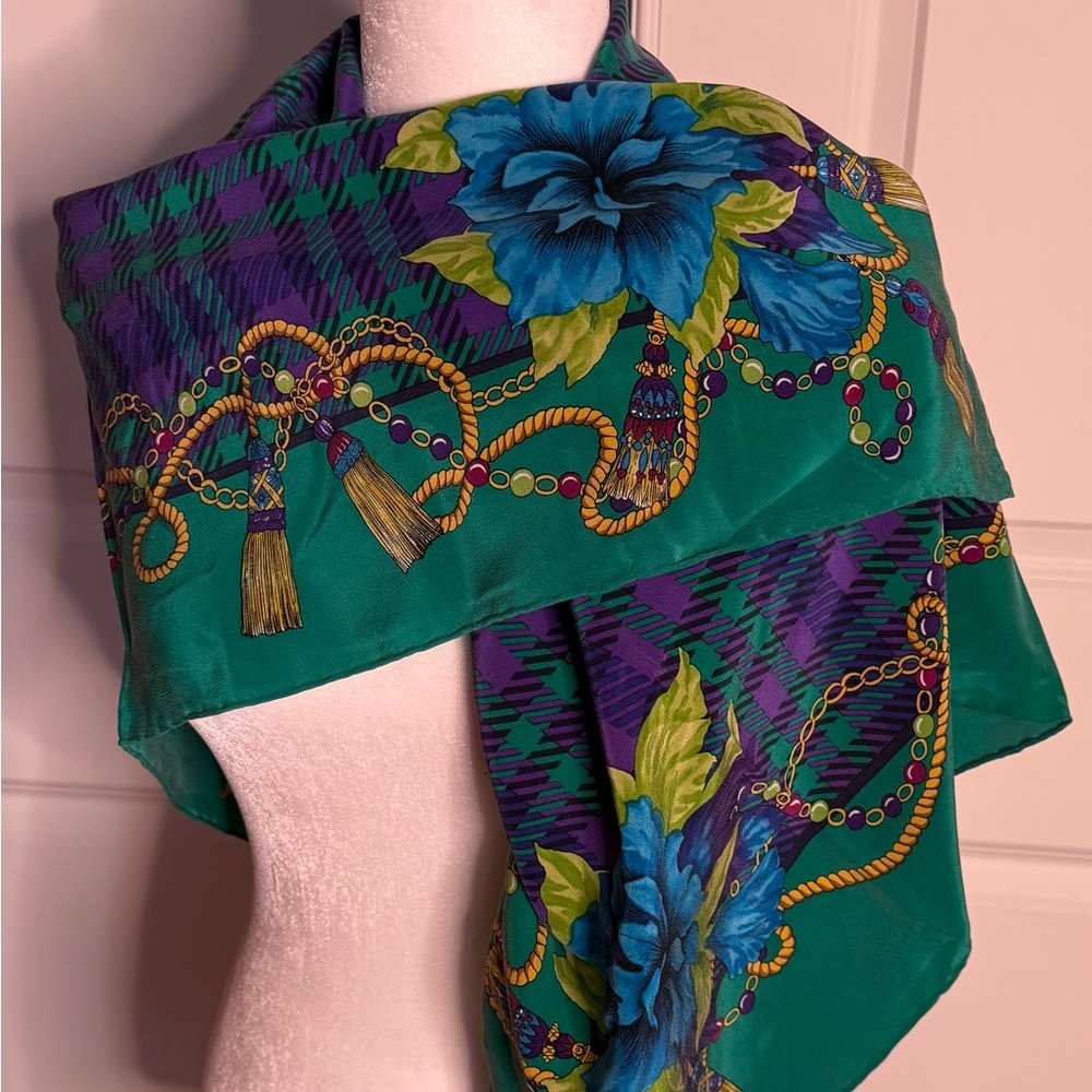 Dana Buchanan Floral Silk Scarf/Wrap  with Blue and Green Accents